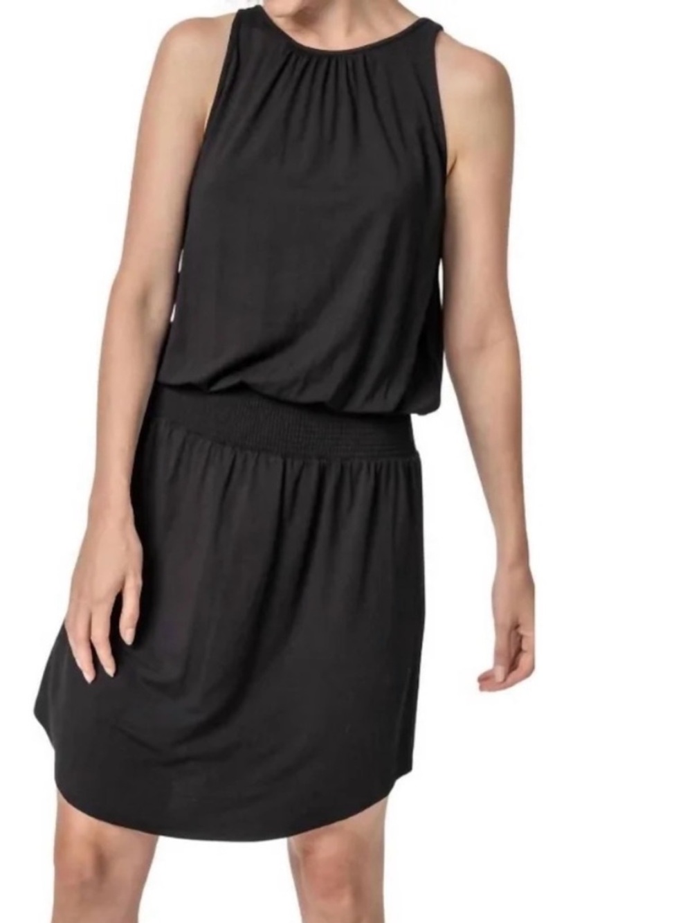 LILLA P Smocked Crewneck Dress Womenโs Size XS Sleeveless Jersey Knit Casual